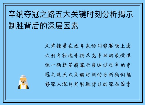 辛纳夺冠之路五大关键时刻分析揭示制胜背后的深层因素 辛纳夺冠之路五大关键时刻分析揭示制胜背后的深层因素